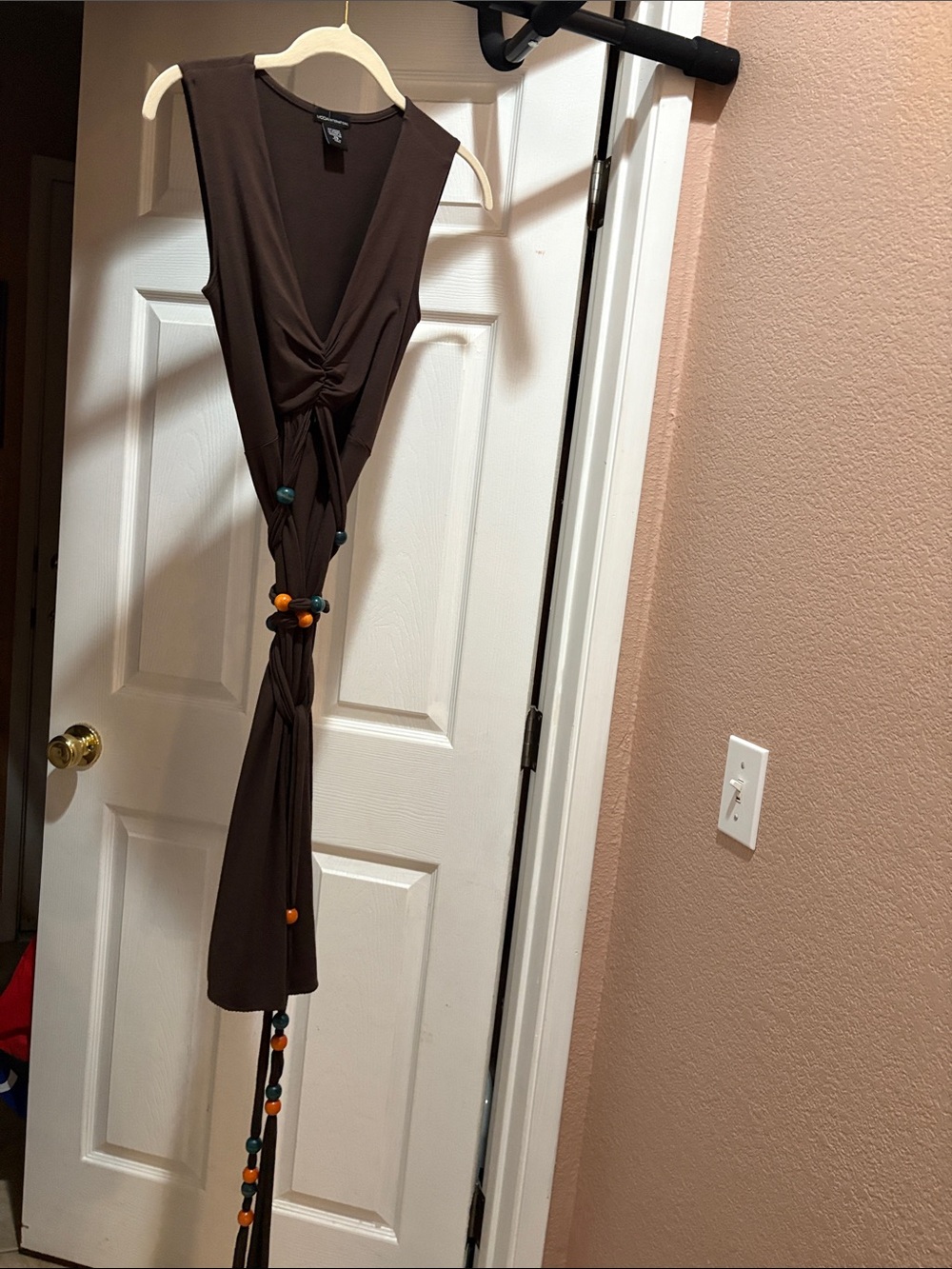 Worthington Dark Brown Sleeveless Jumpsuit with Beaded Tie